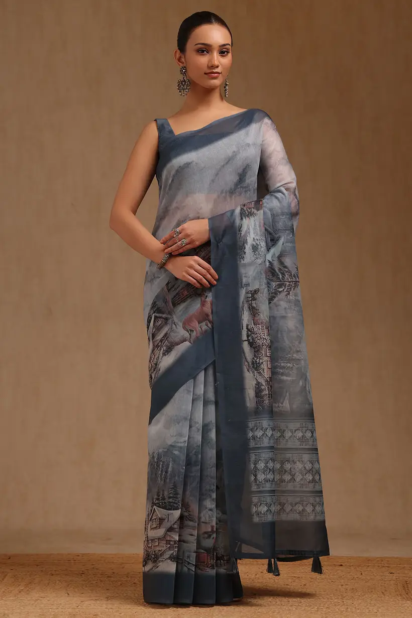 Grey Chanderi Digital Print Saree
